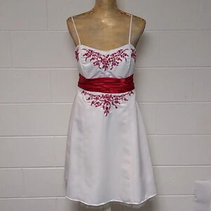 MASQUERADE EMBROIDERED, SEQUIN, RED ROSES & BOW, PROM DRESS IN WHITE SATIN